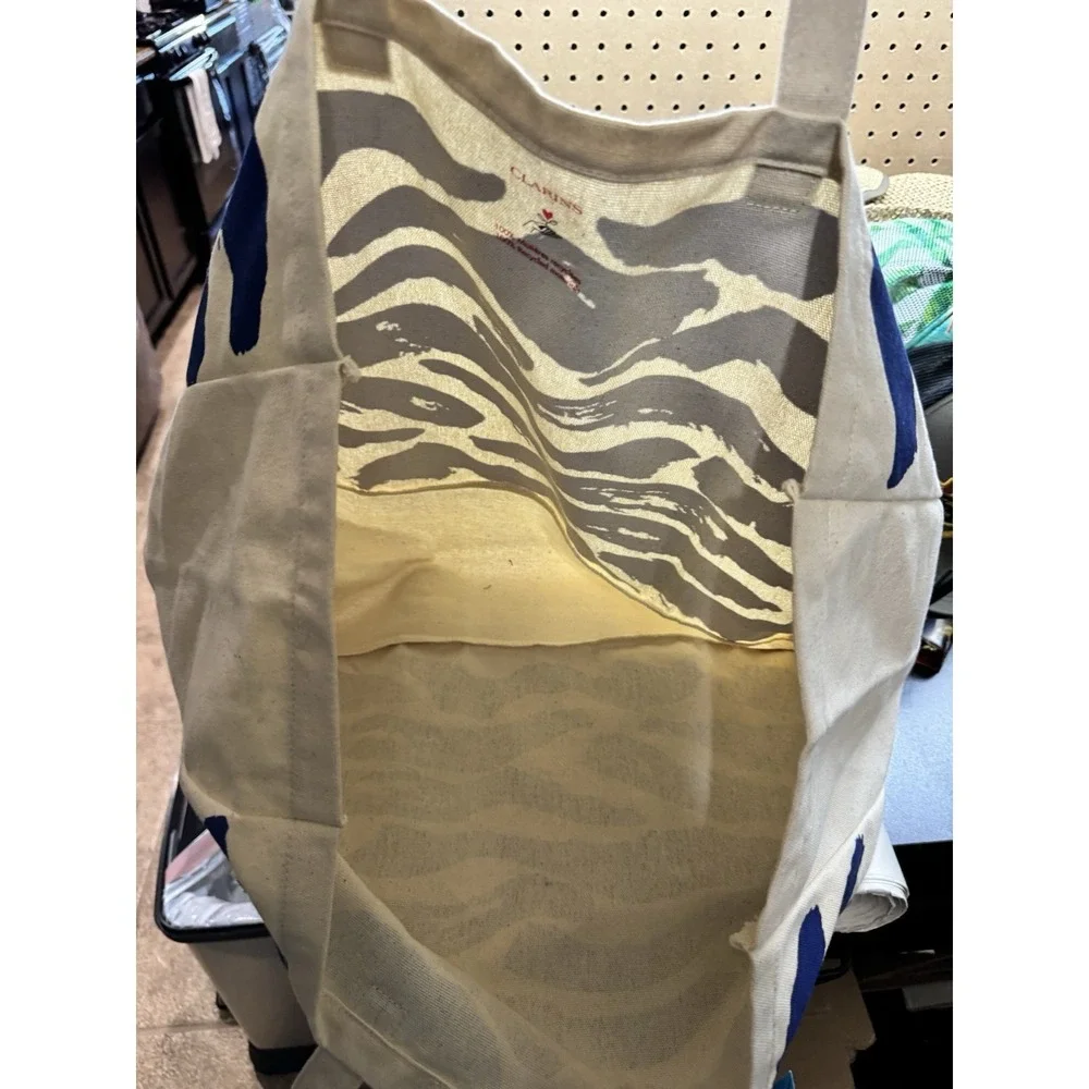 Clarins Canvas Tote Bag Blue Zebra Print Eco‎ Recycled Materials NWT Shopper